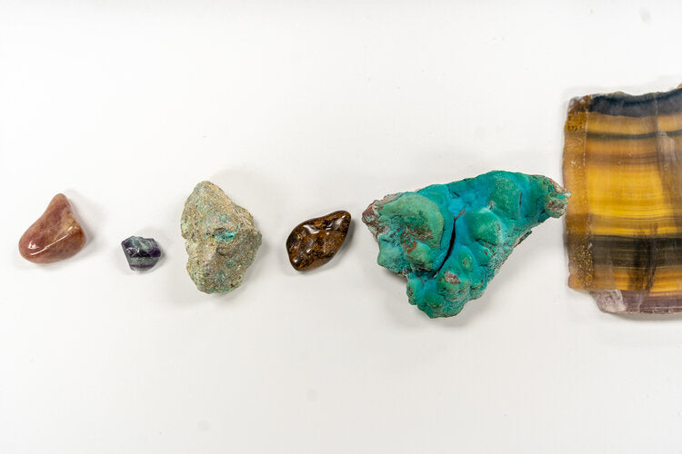 crystals, Chrysocolla, Fluorite, bronze, tigers eye
